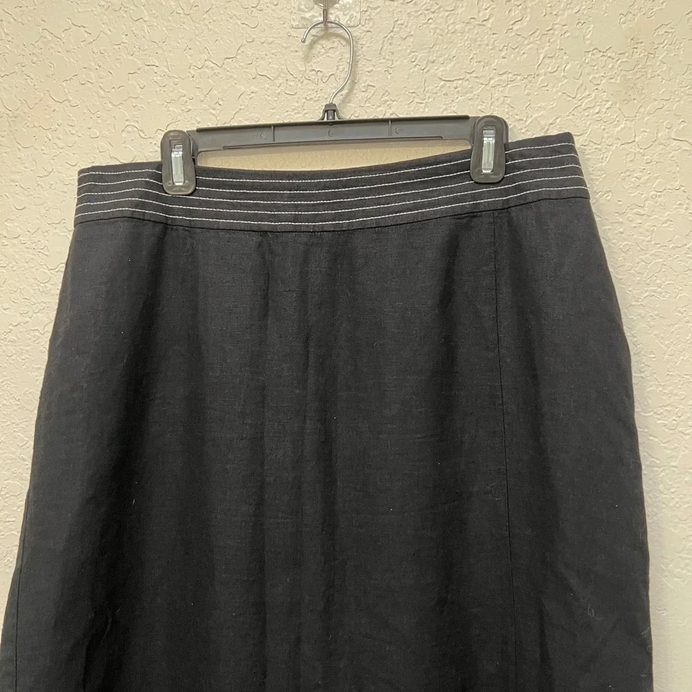 Linen Blend Black Midi Skirt Contrast Stitch Waistband Classic Preppy Minimalist